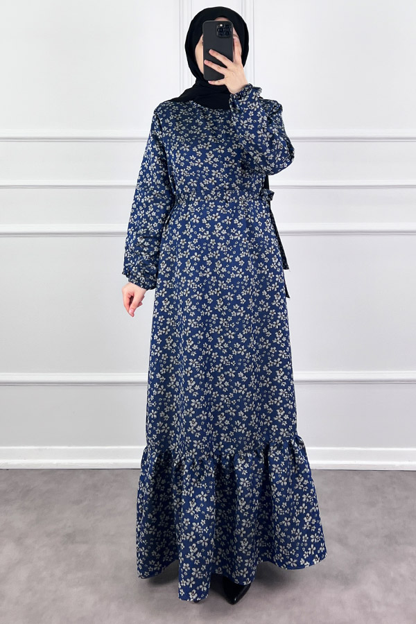 Kuşaklı Tensel Elbise - Mavi