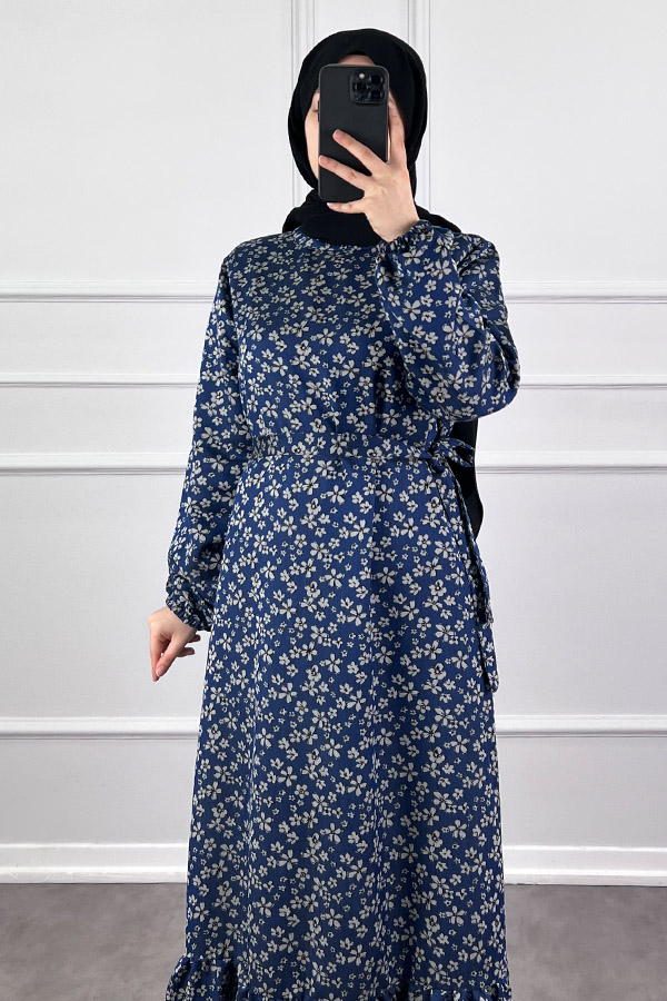 Kuşaklı Tensel Elbise - Mavi