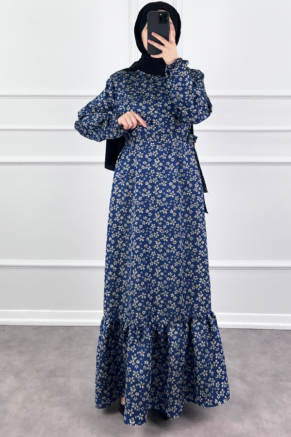 Kuşaklı Tensel Elbise - Mavi