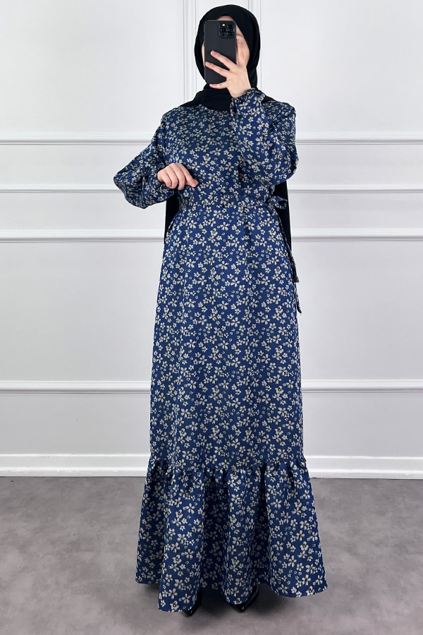 Kuşaklı Tensel Elbise - Mavi