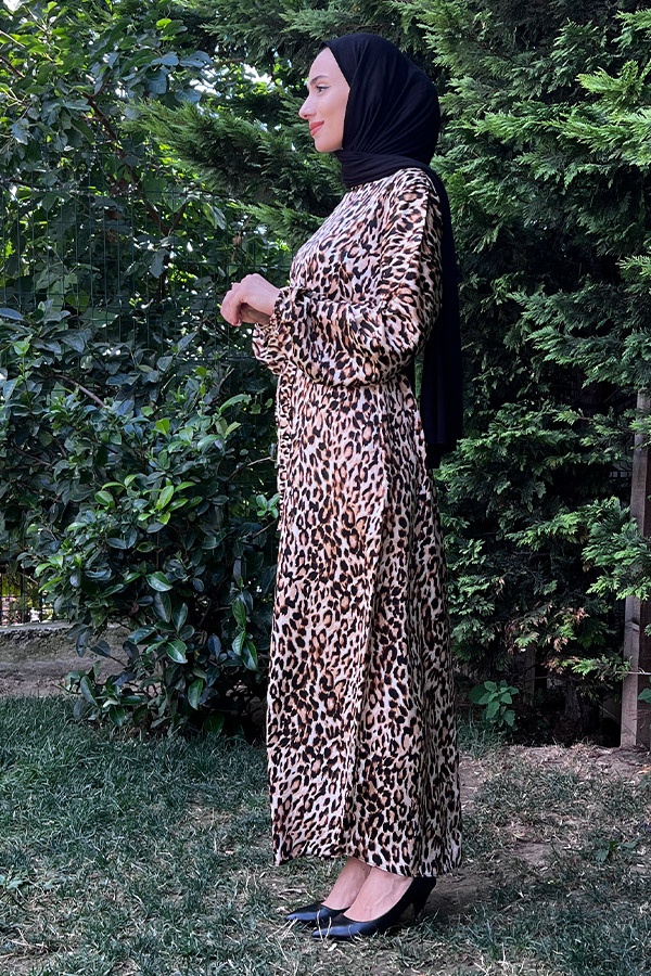 Leopar Desen Saten Elbise - Vizon