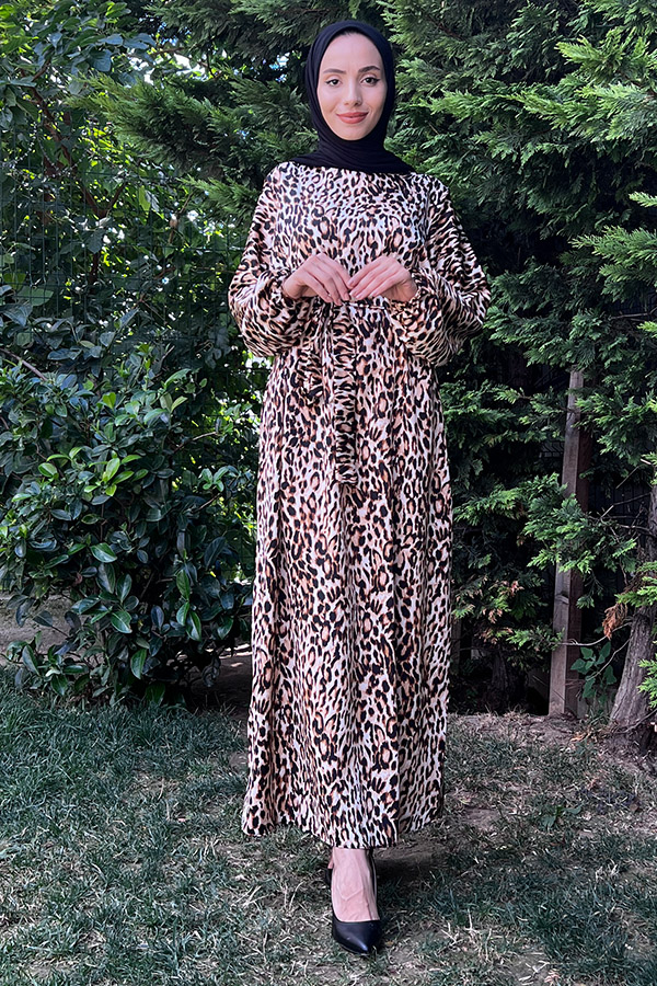 Leopar Desen Saten Elbise - Vizon