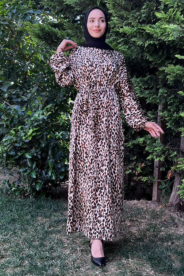 Leopar Desen Saten Elbise - Vizon
