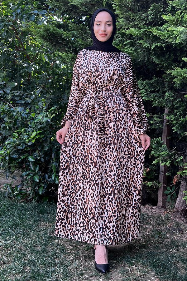Leopar Desen Saten Elbise - Vizon