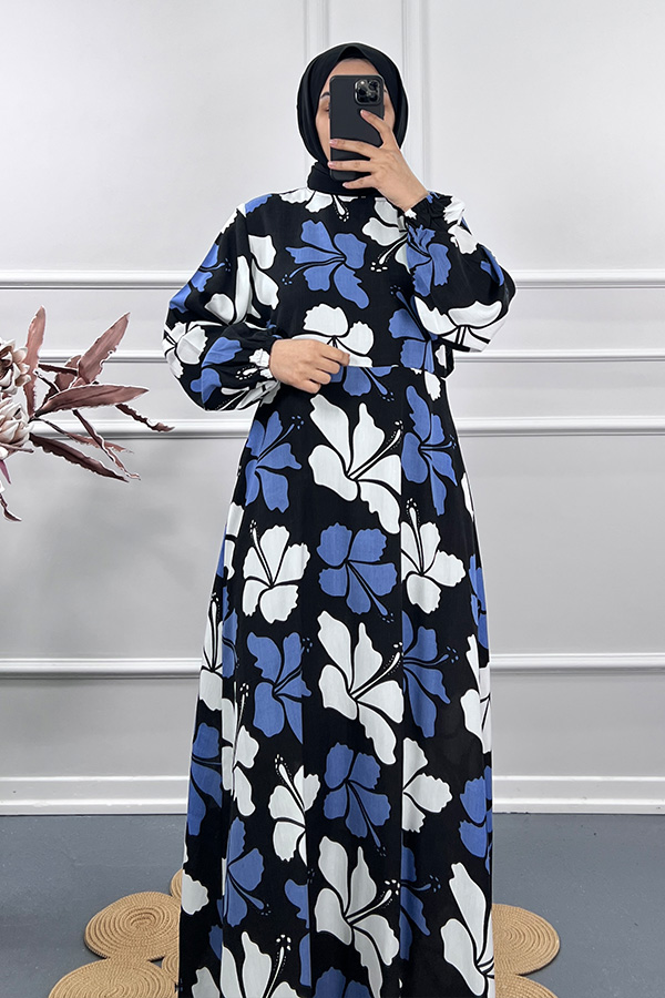 Menekşe Desenli Elbise - Mavi