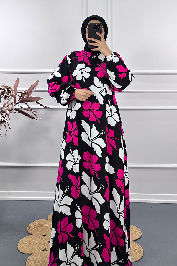 Menekşe Desenli Elbise - Pembe