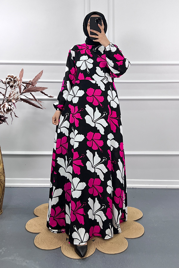 Menekşe Desenli Elbise - Pembe