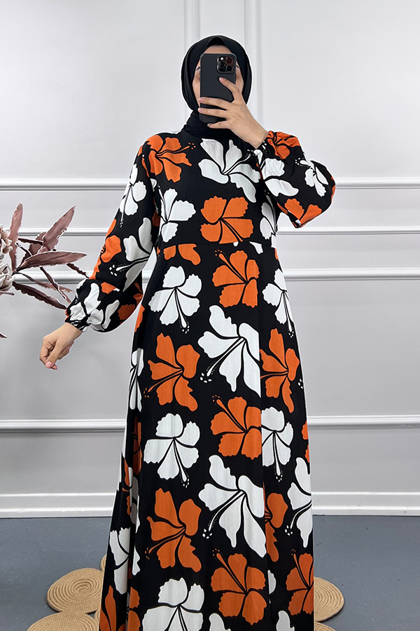 Menekşe Desenli Elbise - Turuncu Menekşe Desenli Elbise - Turuncu