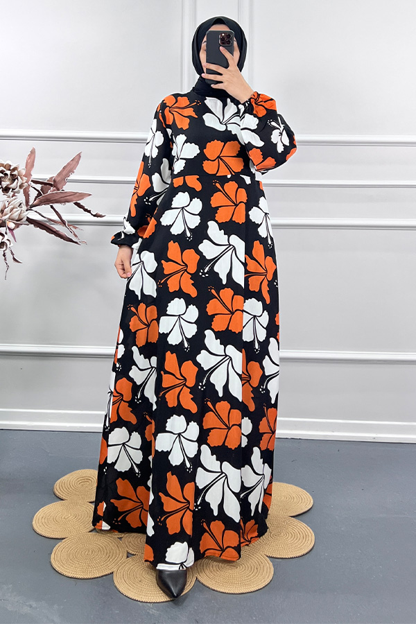 Menekşe Desenli Elbise - Turuncu Menekşe Desenli Elbise - Turuncu