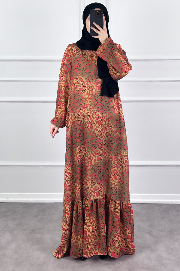 Modern Desen Elbise - Kırmızı