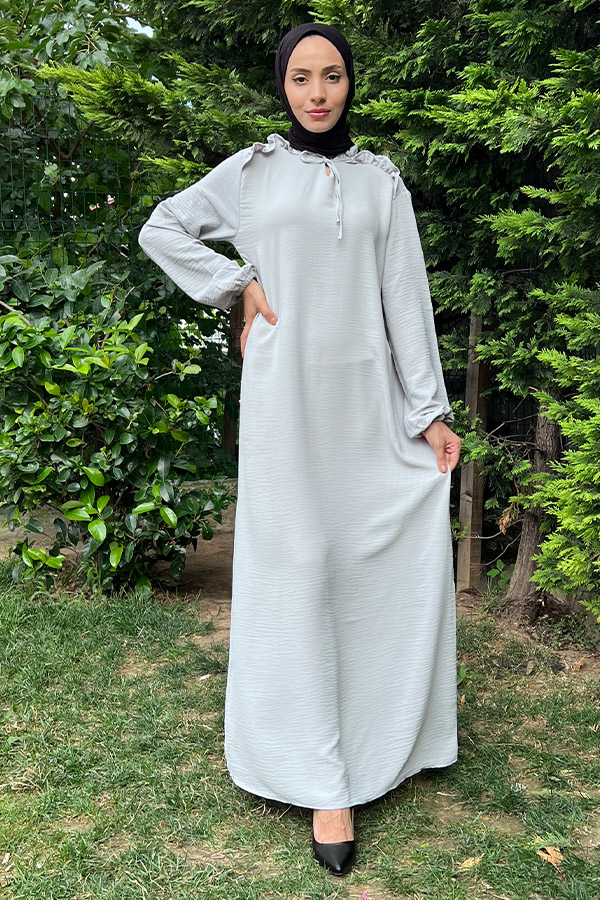 Omuzu Fırfırlı Elbise - Gri