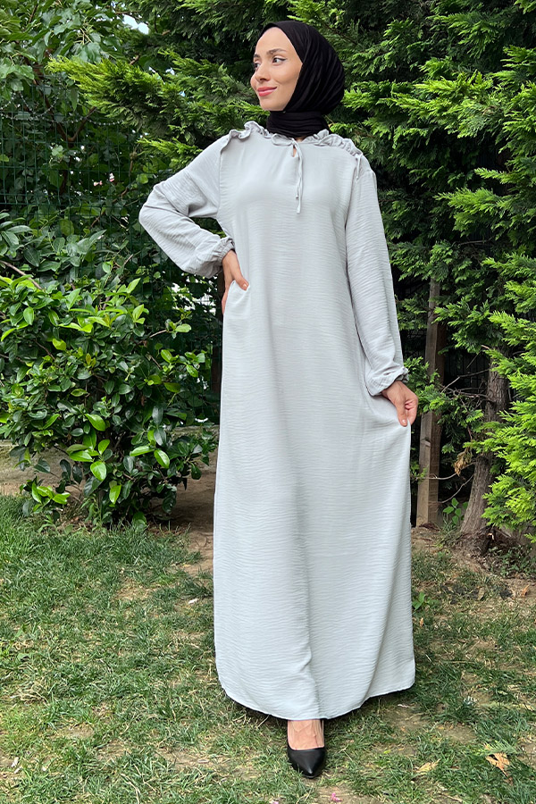 Omuzu Fırfırlı Elbise - Gri