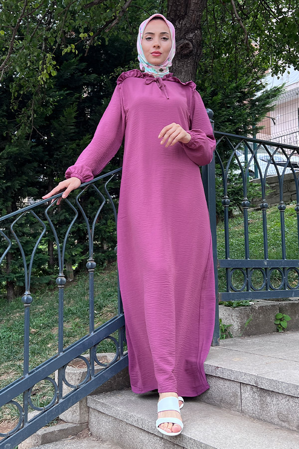 Omuzu Fırfırlı Elbise - Mürdüm