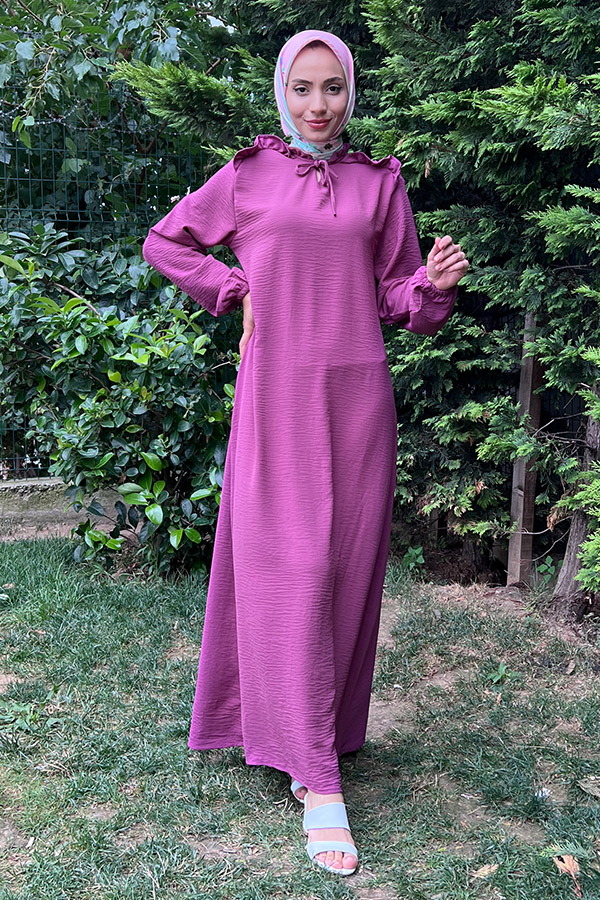 Omuzu Fırfırlı Elbise - Mürdüm