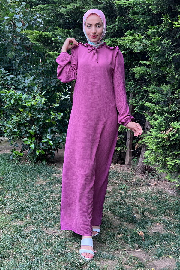 Omuzu Fırfırlı Elbise - Mürdüm