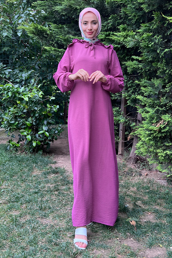 Omuzu Fırfırlı Elbise - Mürdüm