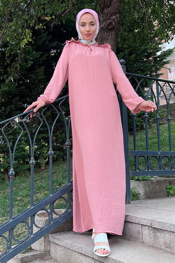 Omuzu Fırfırlı Elbise - Pudra