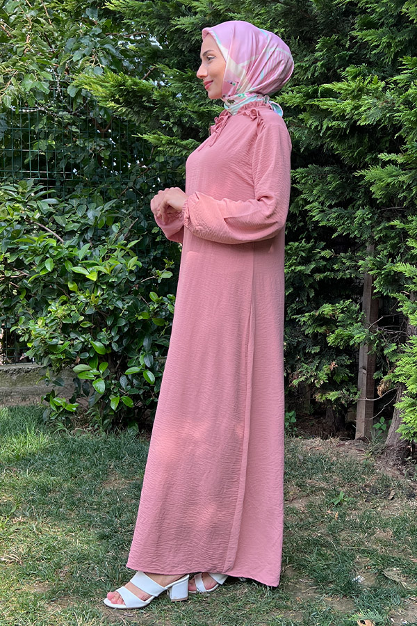 Omuzu Fırfırlı Elbise - Pudra