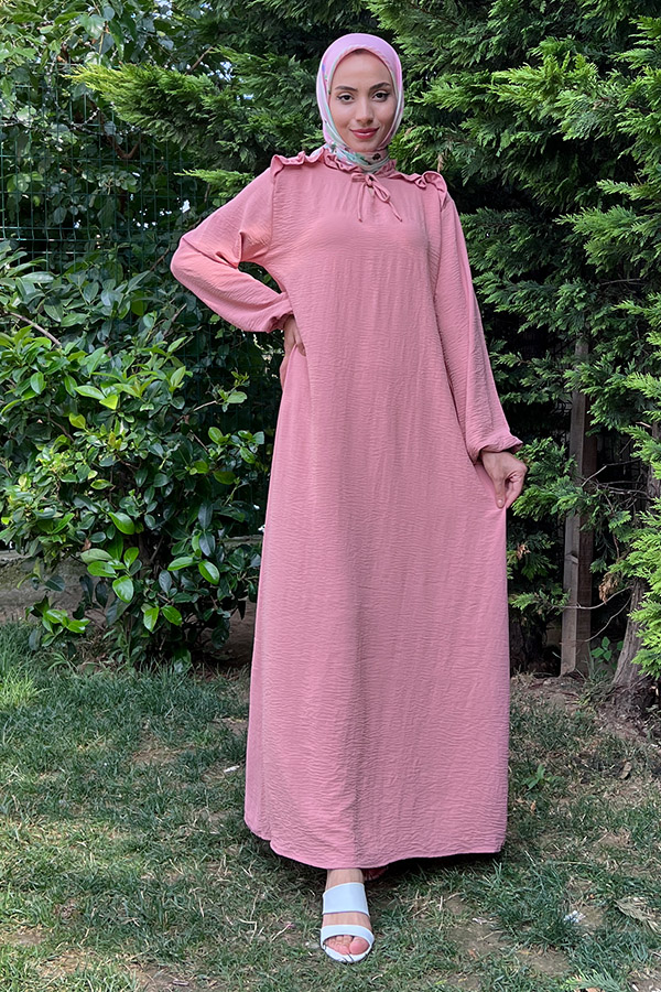 Omuzu Fırfırlı Elbise - Pudra