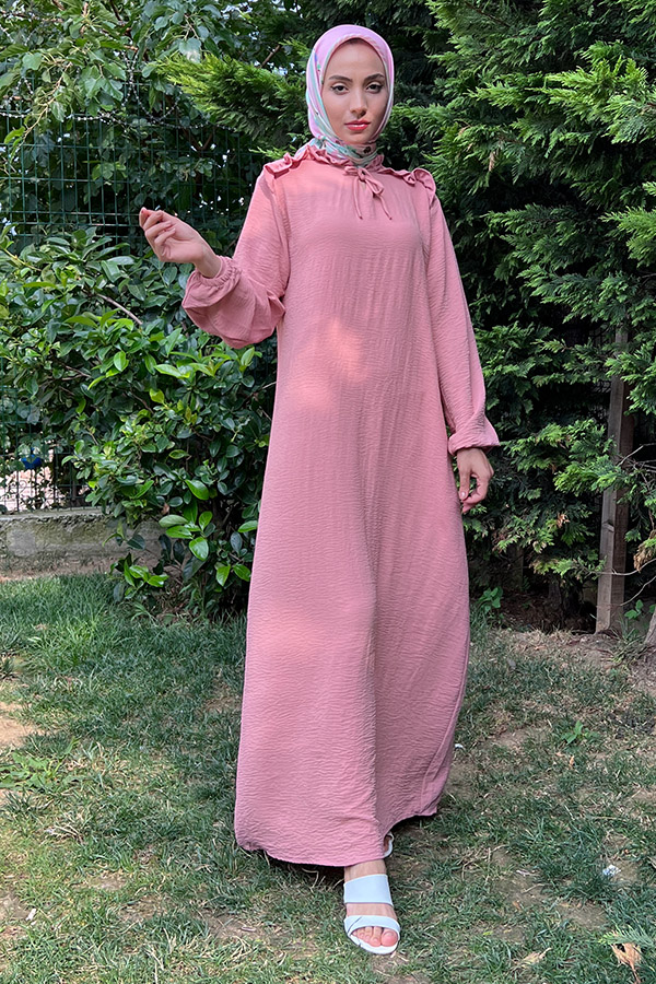 Omuzu Fırfırlı Elbise - Pudra