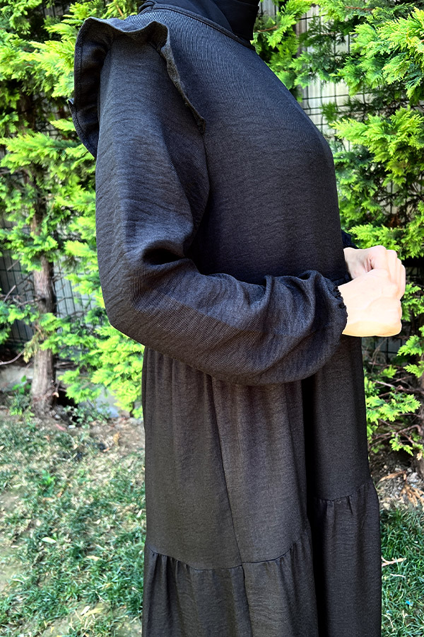 Omuzu Fırfırlı Kat Kat Elbise - Siyah