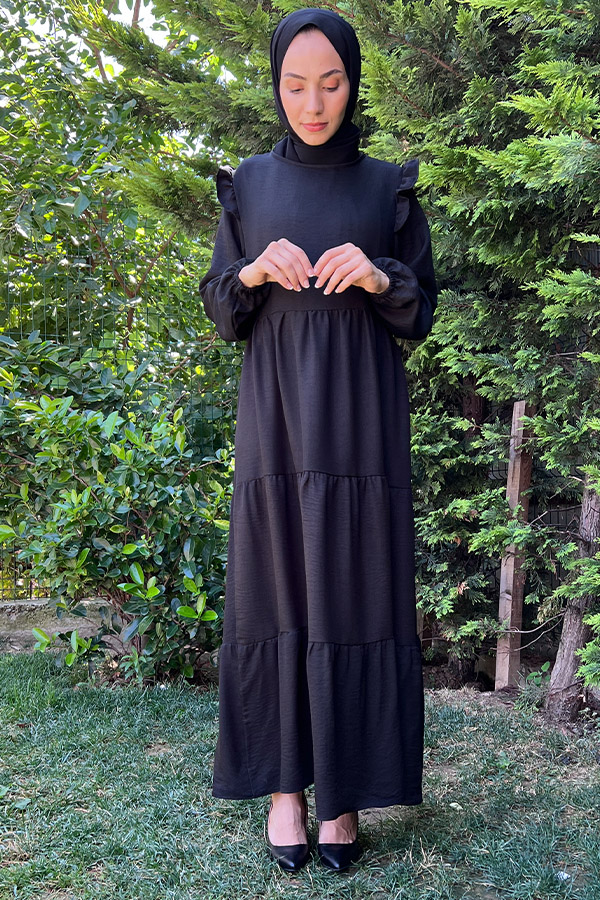 Omuzu Fırfırlı Kat Kat Elbise - Siyah