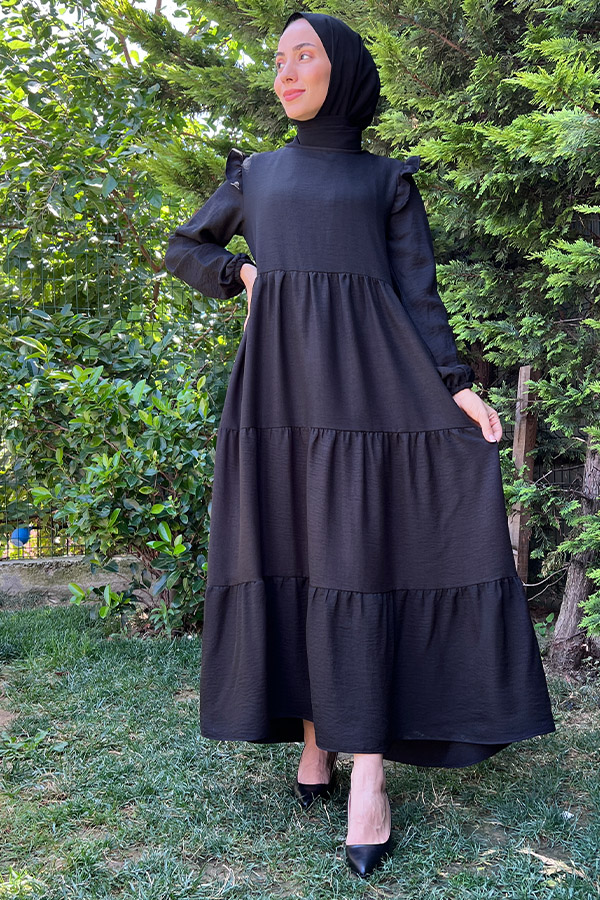 Omuzu Fırfırlı Kat Kat Elbise - Siyah