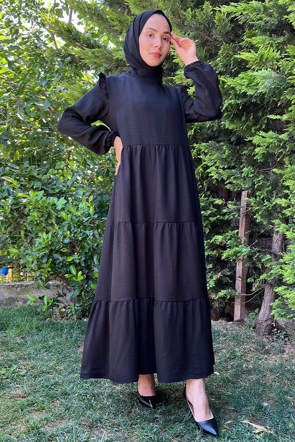 Omuzu Fırfırlı Kat Kat Elbise - Siyah