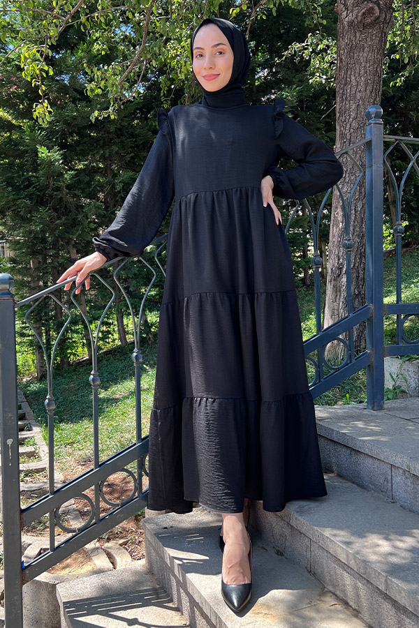 Omuzu Fırfırlı Kat Kat Elbise - Siyah