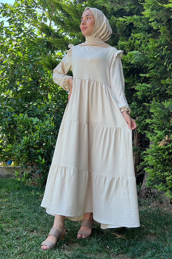 Omuzu Fırfırlı Kat Kat Elbise - Krem