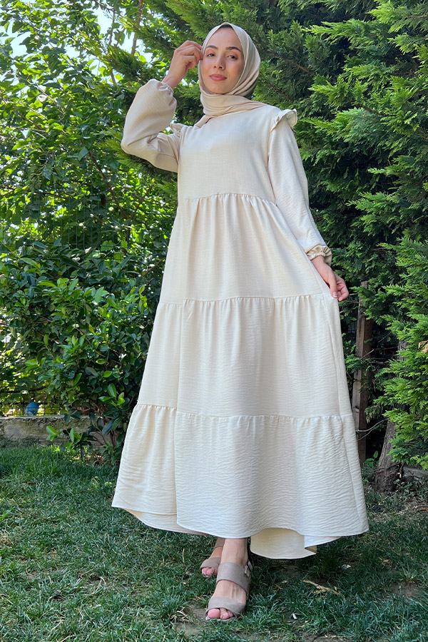 Omuzu Fırfırlı Kat Kat Elbise - Krem