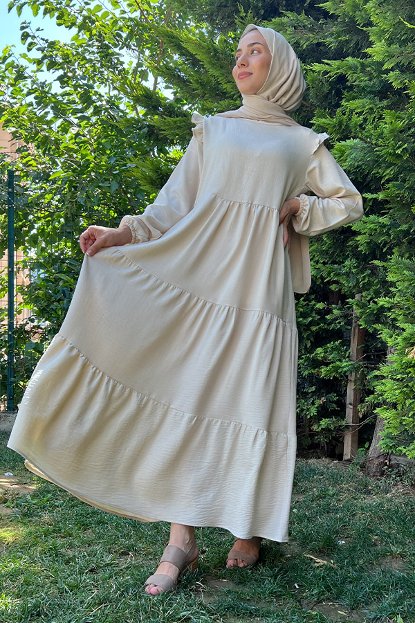 Omuzu Fırfırlı Kat Kat Elbise - Krem