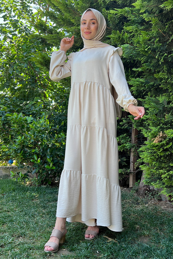 Omuzu Fırfırlı Kat Kat Elbise - Krem