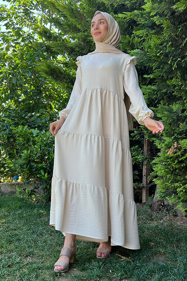 Omuzu Fırfırlı Kat Kat Elbise - Krem