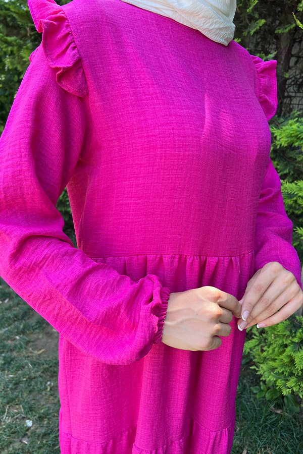 Omuzu Fırfırlı Kat Kat Elbise - Pembe