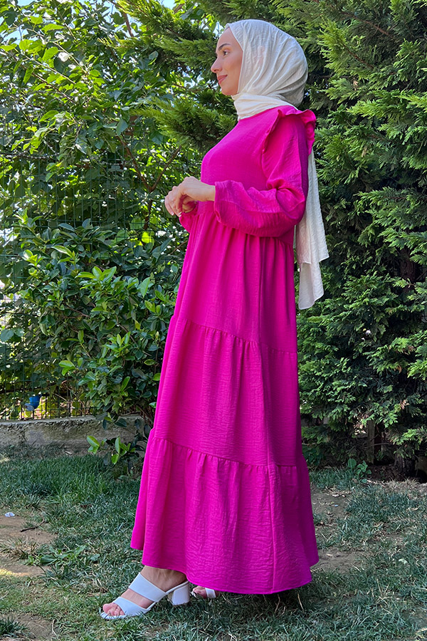 Omuzu Fırfırlı Kat Kat Elbise - Pembe