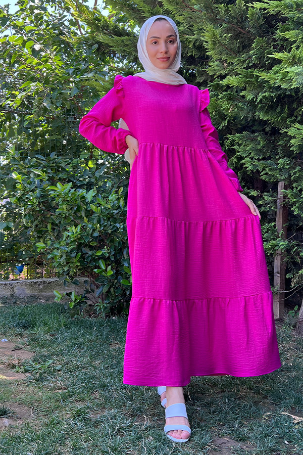 Omuzu Fırfırlı Kat Kat Elbise - Pembe