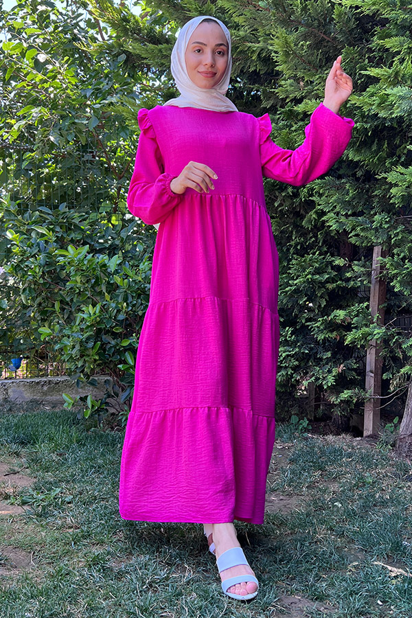 Omuzu Fırfırlı Kat Kat Elbise - Pembe