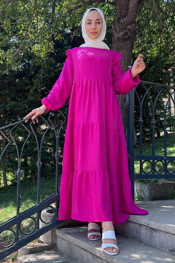 Omuzu Fırfırlı Kat Kat Elbise - Pembe