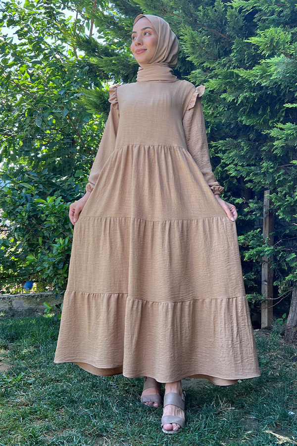 Omuzu Fırfırlı Kat Kat Elbise - Vizon