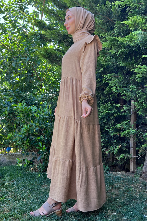 Omuzu Fırfırlı Kat Kat Elbise - Vizon