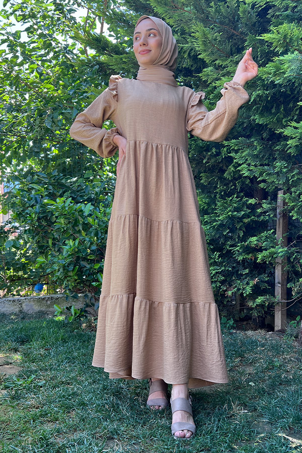 Omuzu Fırfırlı Kat Kat Elbise - Vizon