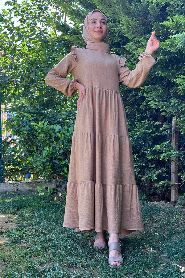 Omuzu Fırfırlı Kat Kat Elbise - Vizon