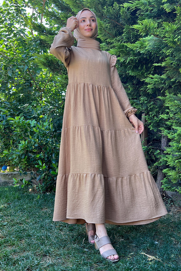 Omuzu Fırfırlı Kat Kat Elbise - Vizon