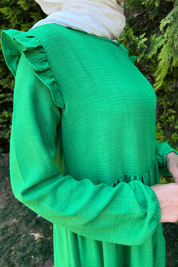 Omuzu Fırfırlı Kat Kat Elbise - Yeşil