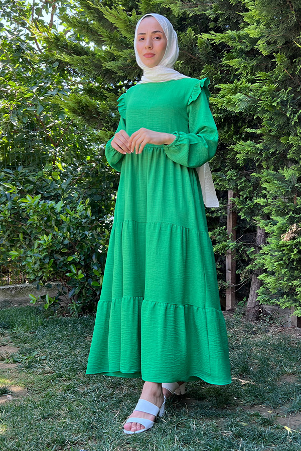 Omuzu Fırfırlı Kat Kat Elbise - Yeşil
