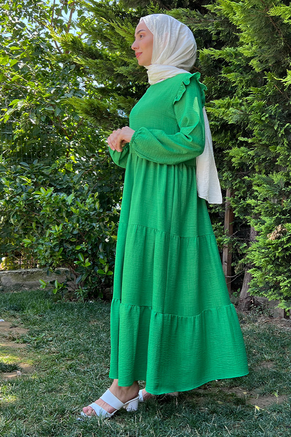 Omuzu Fırfırlı Kat Kat Elbise - Yeşil