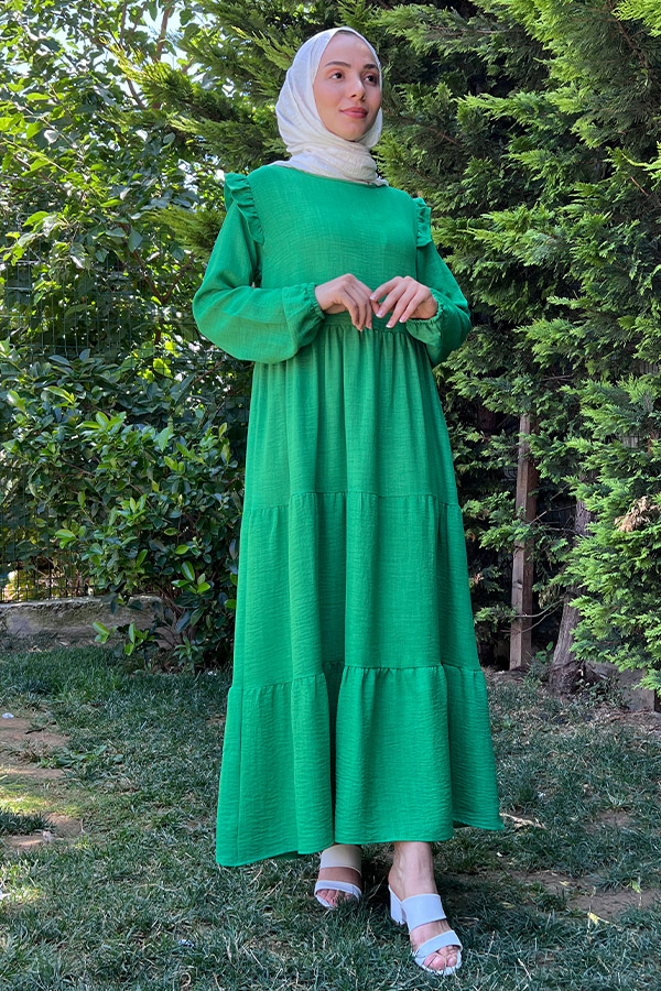 Omuzu Fırfırlı Kat Kat Elbise - Yeşil