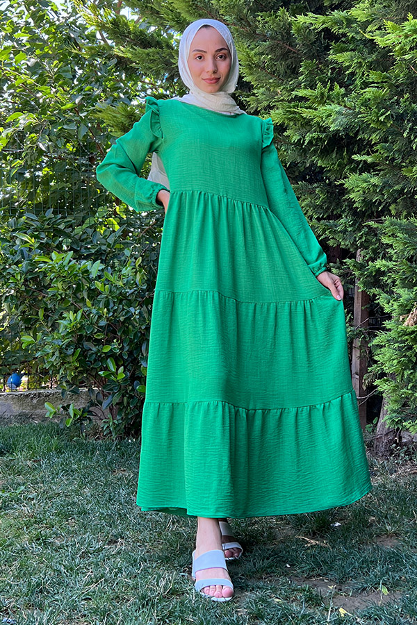 Omuzu Fırfırlı Kat Kat Elbise - Yeşil