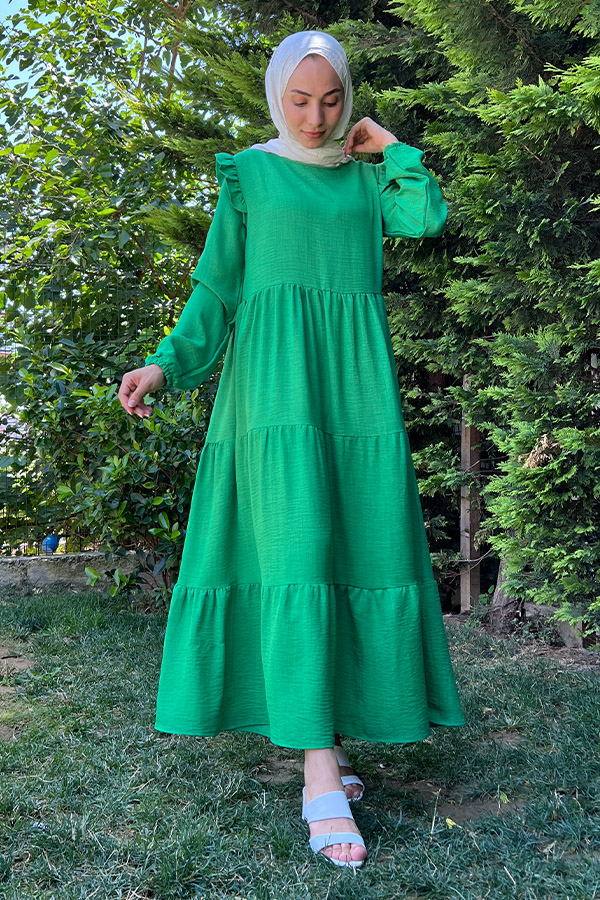 Omuzu Fırfırlı Kat Kat Elbise - Yeşil